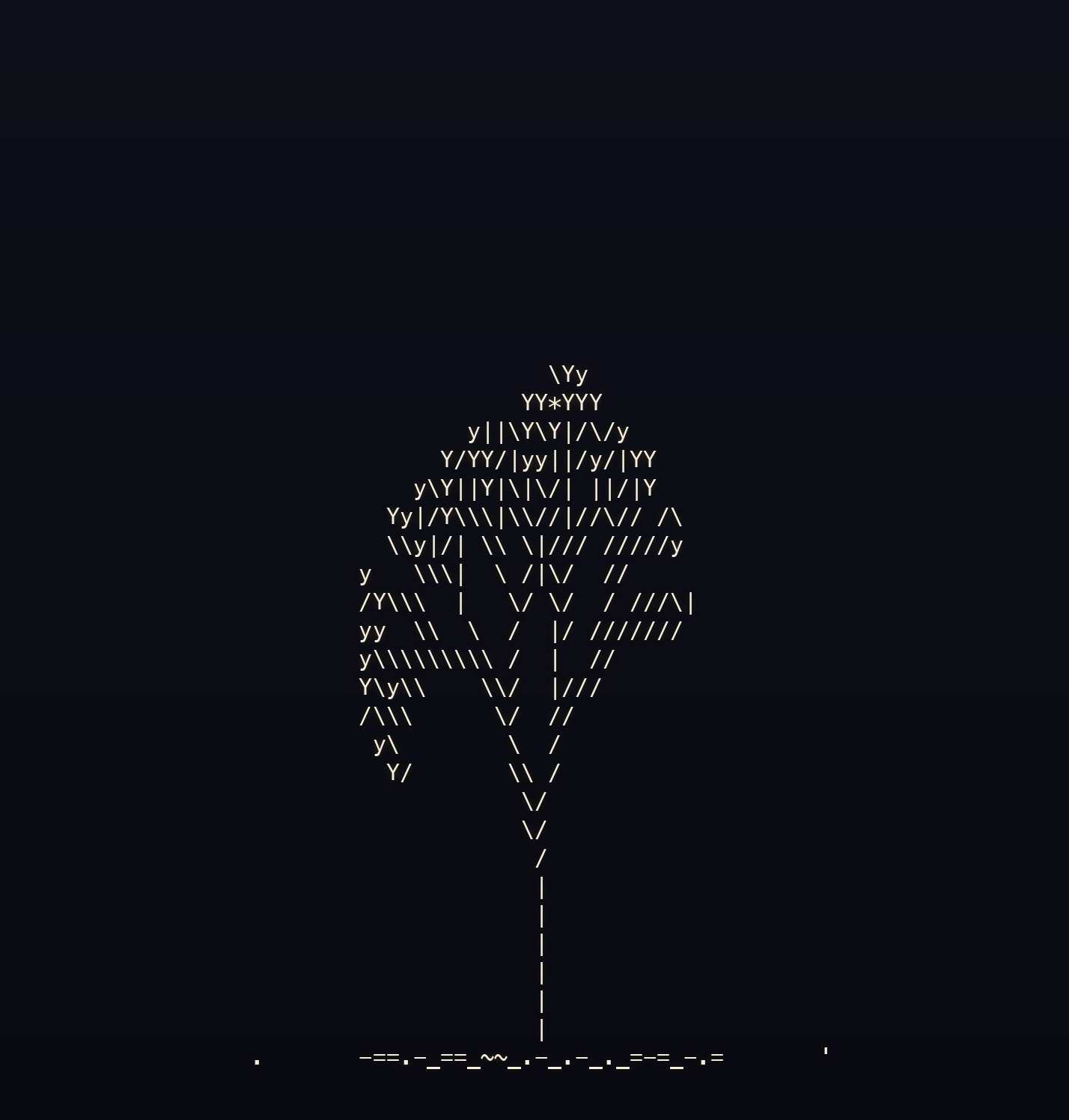A wind-bent fractal tree rendered in ASCII characters