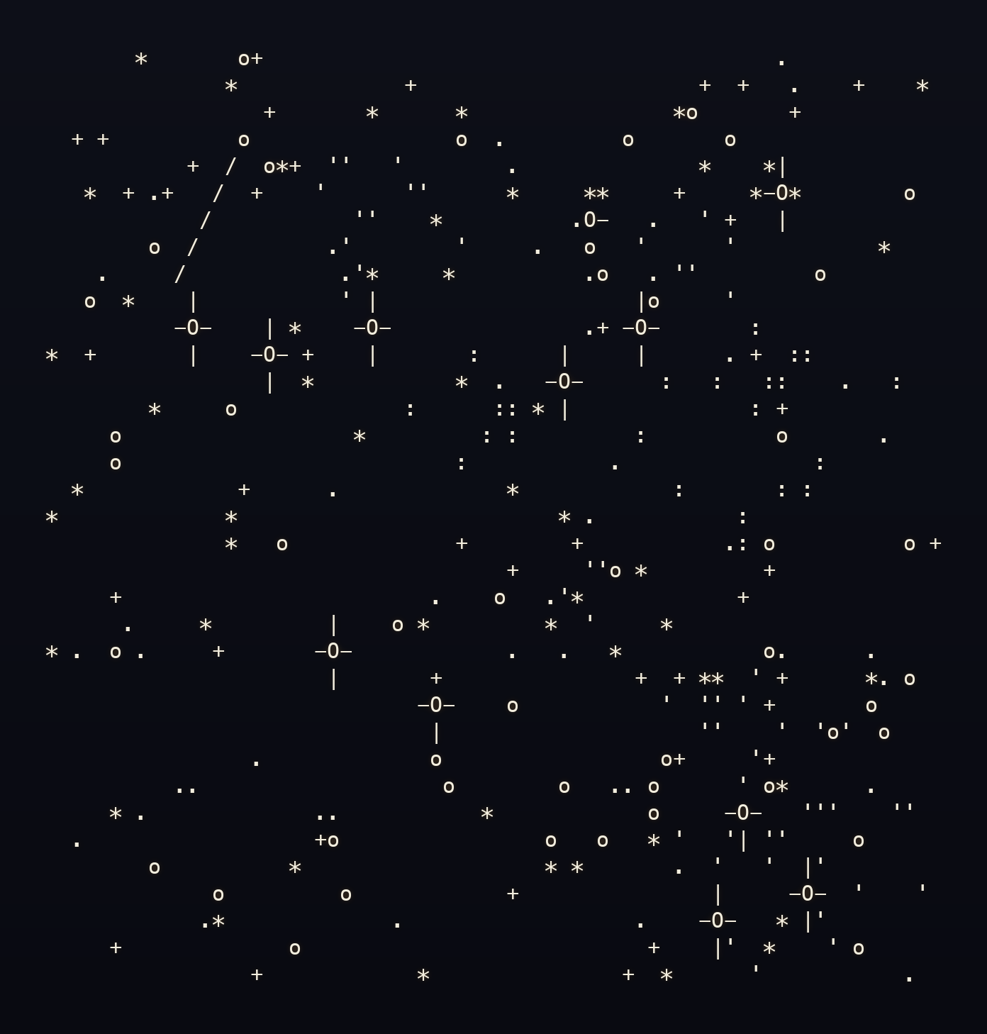 A night sky created from ASCII stars and small observatory-like figures